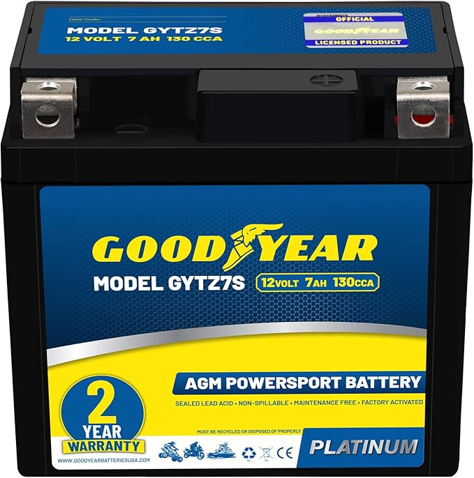 Goodyear GYTZ7S - 12 Volt 7 AH, 130 CCA, Rechargeable High-Performance, Maintenance Free, SLA - AGM Battery for Motorcycle, ATV, UTV, Scooter, Snowmobile, Motorbike and more!