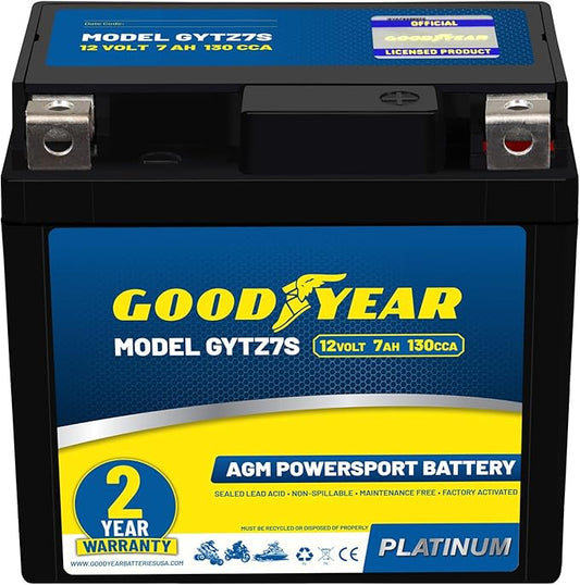 Goodyear GYTZ7S - 12 Volt 7 AH, 130 CCA, Rechargeable High-Performance, Maintenance Free, SLA - AGM Battery for Motorcycle, ATV, UTV, Scooter, Snowmobile, Motorbike and more!