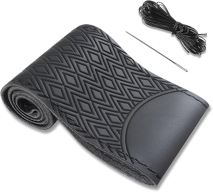 Black Leather Steering Wheel Cover, Stitch On Wrap, Breathable Cowhide Car Steering Wheel Cover, Standard Size 15 Inch (Type A)