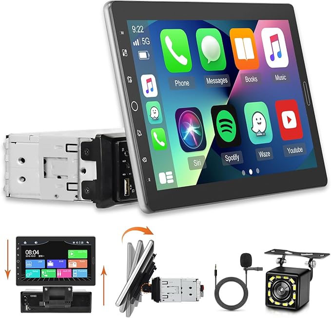 10.1 inch Single Din Car Stereo with CarPlay and Android Auto, 10 inch Touch Screen Radio with Mirror Link/1080P/EQ Audio/SWC/Bluetooth +Backup Camera+MIC