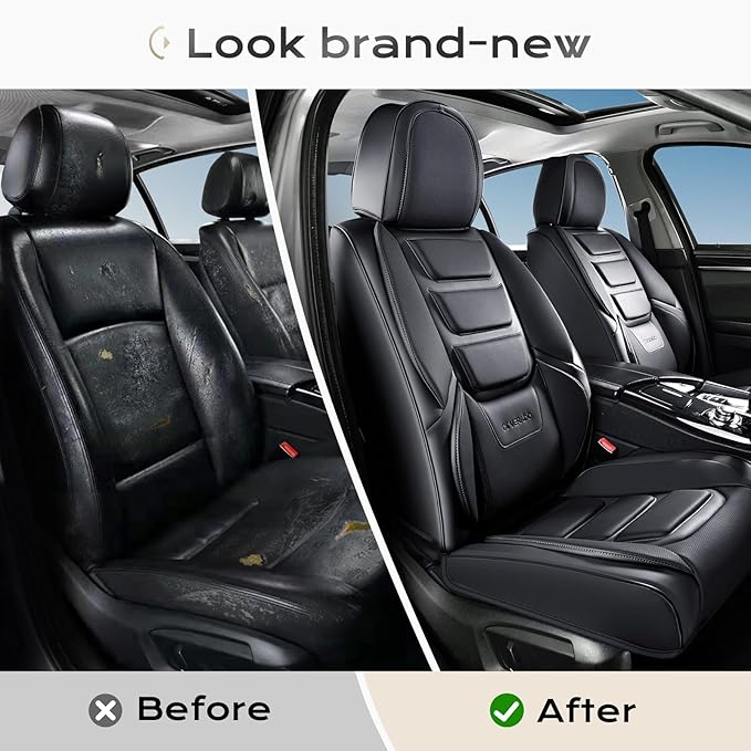 Coverado Car Seat Covers Full Set, Seat Covers for Cars, Front Seat Covers and Back Seat Cover Waterproof Leather Automotive Seat Cover, Universal Car Interior Protectors Cushion for Most Cars Black