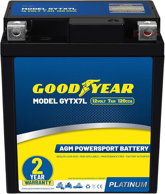 Goodyear GYTX7L - 12 Volt 7 AH, 120 CCA, Rechargeable High-Performance, Maintenance Free, SLA - AGM Battery for Motorcycle, ATV, UTV, 4-Wheeler, Snowmobile, Watercraft and more!