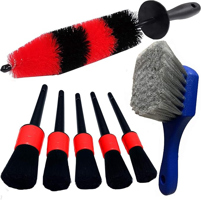 7Pcs Wheel & Tire Brush, car Detailing kit, 17inch Long Soft Wheel Brush 5 car wash Detail Brush car wash kit for Cleans Dirty Tires & Releases Dirt and Road Grime, Short Handle