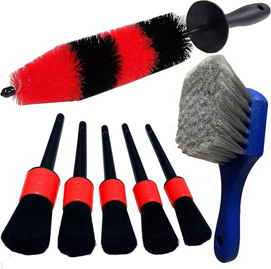 7Pcs Wheel & Tire Brush, car Detailing kit, 17inch Long Soft Wheel Brush 5 car wash Detail Brush car wash kit for Cleans Dirty Tires & Releases Dirt and Road Grime, Short Handle
