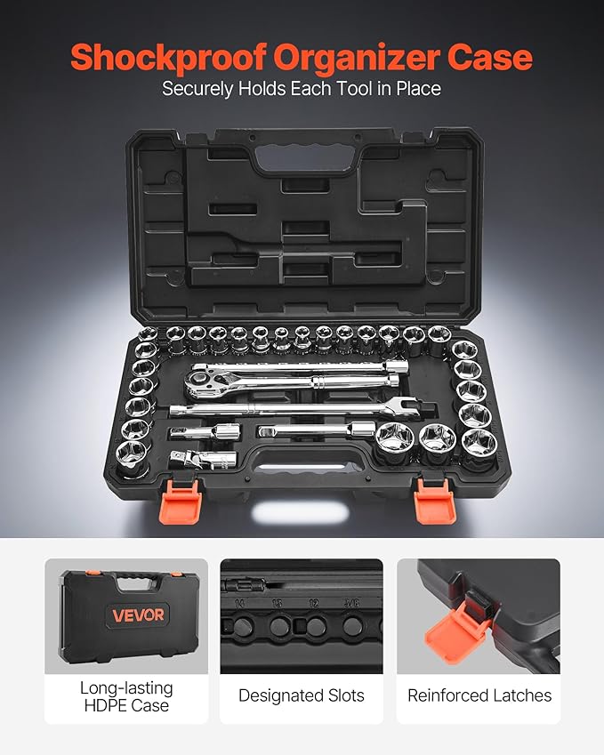 VEVOR Socket Set, 33 Pieces, 1/2 inch Drive Socket and Ratchet Set, SAE and Metric, Mechanic Tool Kit with Ratchet Wrench, Extension Bar and Storage Case, CR-V Alloy Steel, for Automotive Repair