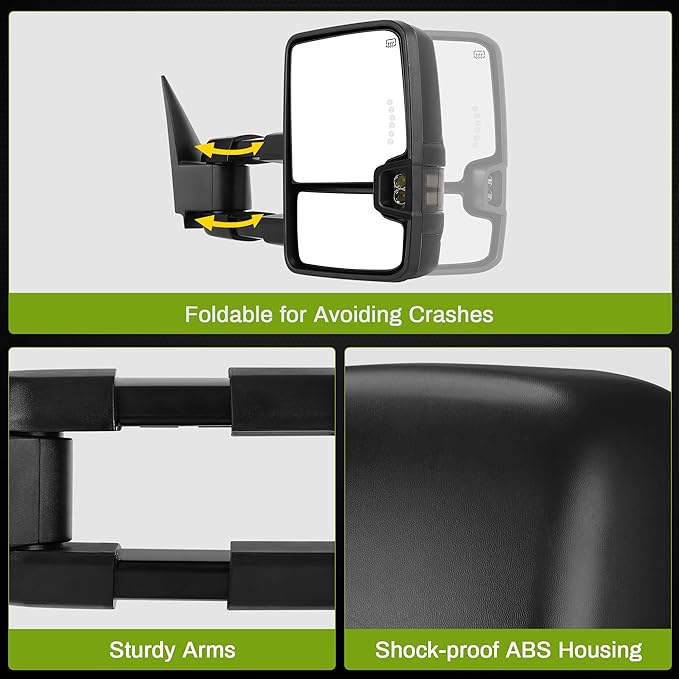 AUTOSAVER88 Towing Mirror Compatible with 2003-2006 Silverado Sierra 1500 2500 HD 3500 HD Tahoe Yukon, Power Heated Switchback LED Turn Signal Running Light (Black inside) Manual Telescoping Folding