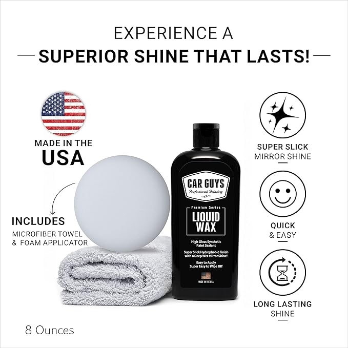 CAR GUYS Liquid Wax | Advanced Car Wax | Superior Protection with a Carnauba Shine | For all Paint Colors and Excellent Black | 8 Oz Kit