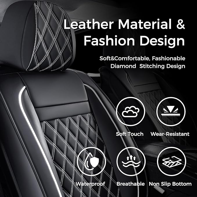 Huidasource Seat Cover 5 Layers, Car Seat Covers Full Set Faux Leather, Seat Covers for SUV, Side Open Design Airbag Pops Out, Front ＆ Back Seats Fit for Most Cars Van Truck Etc(Full Set/Black&White)