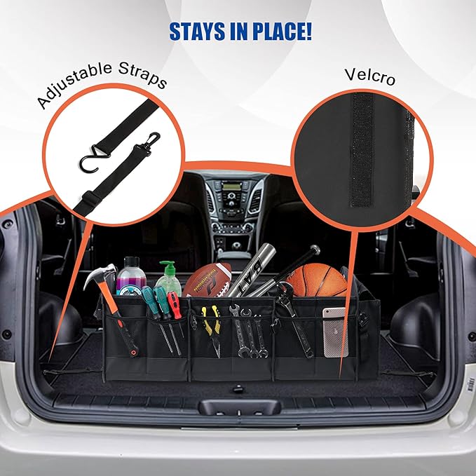 Large Trunk Organizer with Removable Cooler Bag-Collapsible Multi Compartments w/Foldable Cover, Non Slip Bottom Cargo Storage Suitable for Any Car, SUV, Truck, or Van(3 compartments,Black)