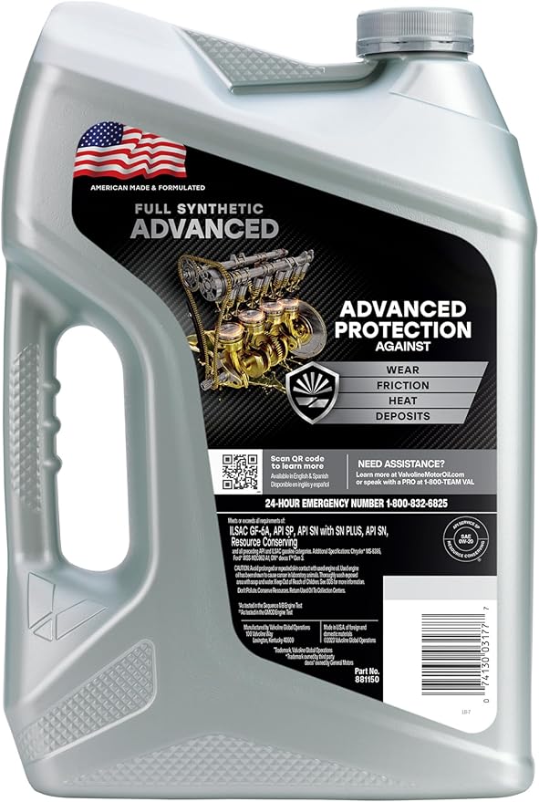Valvoline Advanced Full Synthetic SAE 0W-20 Motor Oil 5 QT, Case of 3