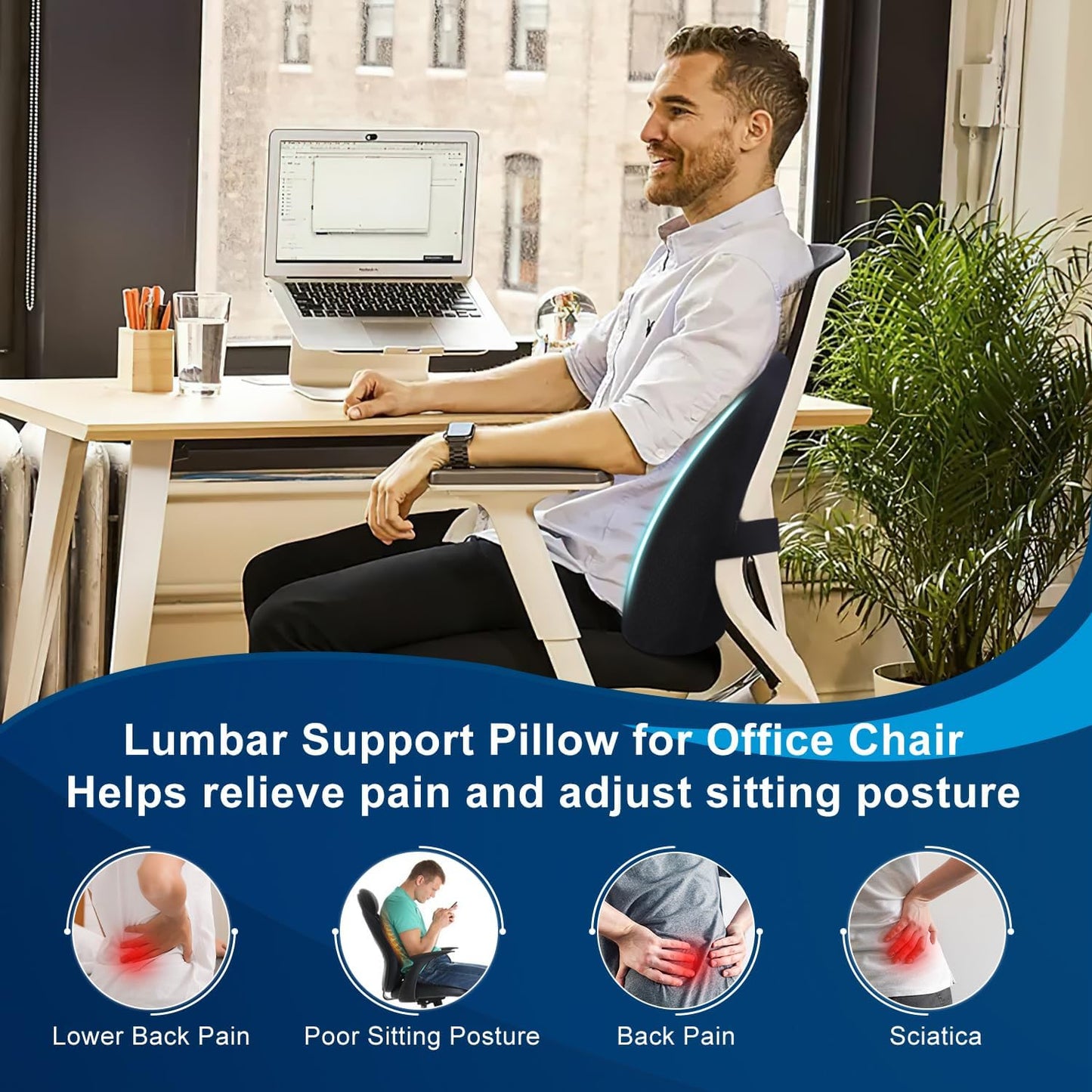 QUTOOL Lumbar Support Pillow for Office Chair, Memory Foam Low Back Support,Back Pain Relief, Ergonomic Back Cushion for Desk Chair,Gaming Chair,Adjustable Strap and Washable Cover