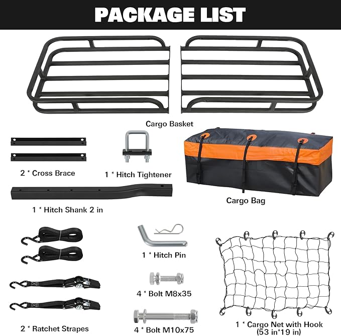 WEIZE Hitch Cargo Carrier for SUV, Truck - 53x19 Inches, 500LB Capacity, with Waterproof Bag, Net, Strap, Tightener, Powder Coated for Durability, Easy Installation, for Camping and Travel