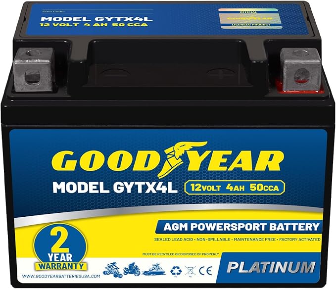 Goodyear GYTX4L - 12 Volt 4 AH, 50 CCA, Rechargeable High-Performance, Maintenance Free, SLA - AGM Battery for Motorcycle, ATV, UTV, 4-Wheeler, Snowmobile, Watercraft and more!