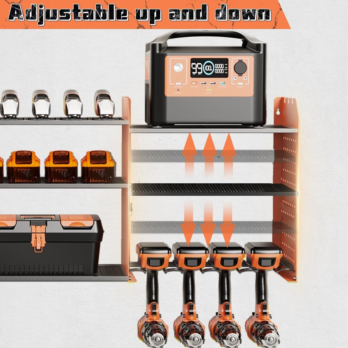 Power Tool Organizer with Charging Station Wall Mount, 3 Layer Expanded Heavy Duty Garage Organization, 45.5 Inch Length Garage Tool Storage, 8 Drills, 2 Assemble Method, Orange