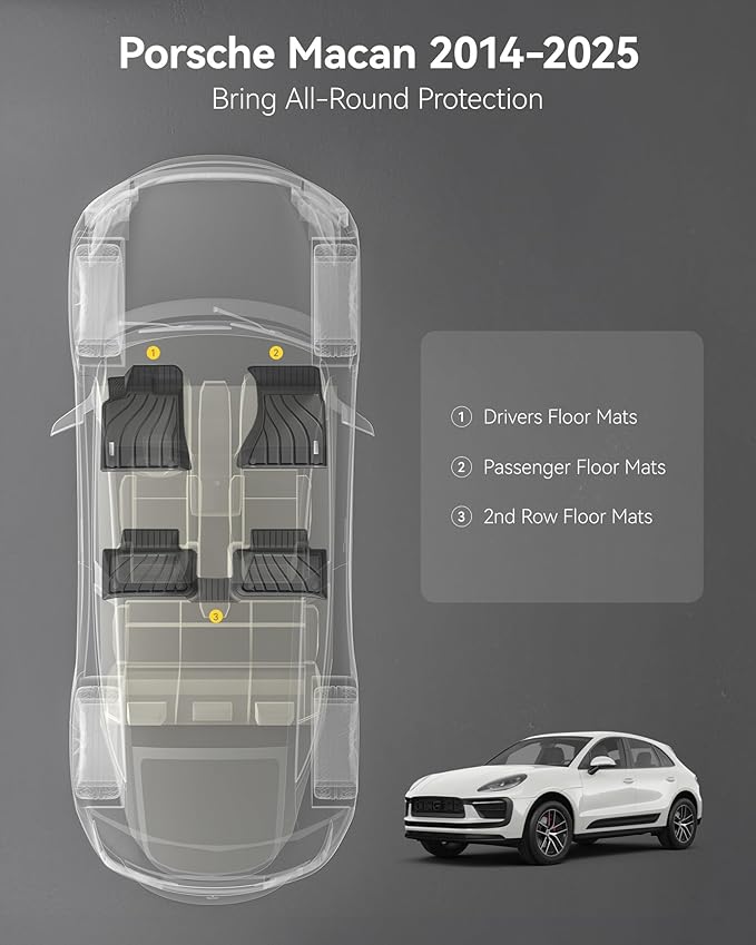 3W Floor Mats Compatible for Porsche Macan 2014-2025 TPE All Weather Custom Fit Floor Liner 1st and 2nd Row Car Mats Black