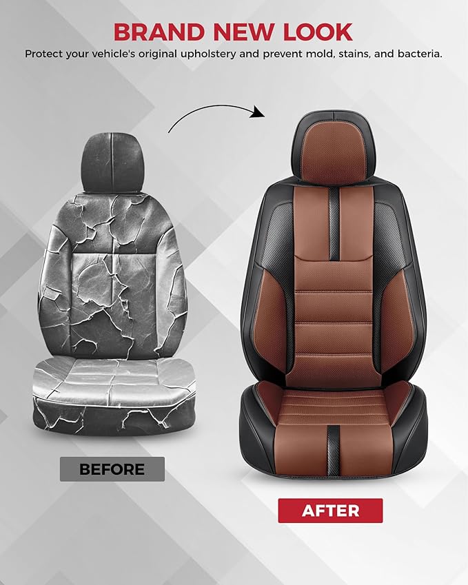 FREESOO Black Brown Front Car Seat Covers - Faux Nappa Leather Seat Covers for Cars, with Carbon Fiber Texture Seatbelt Pads, Ultra Cushion Protectors Fit for Most Vehicles Sedans SUV Trucks Maverick