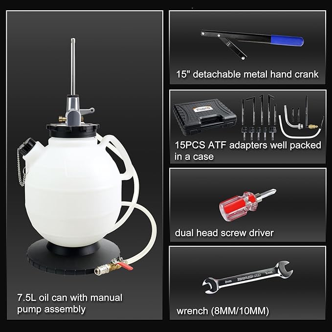 JIFETOR Transmission Fluid Refill Pump ATF Transfer Tool Kit, Manual Gearbox Oil Filler Set with 7.5L Oil Filling Can Dispenser 15PCS ATF Adapters Compatible with Ford Audi Mercedes Benz VW BMW