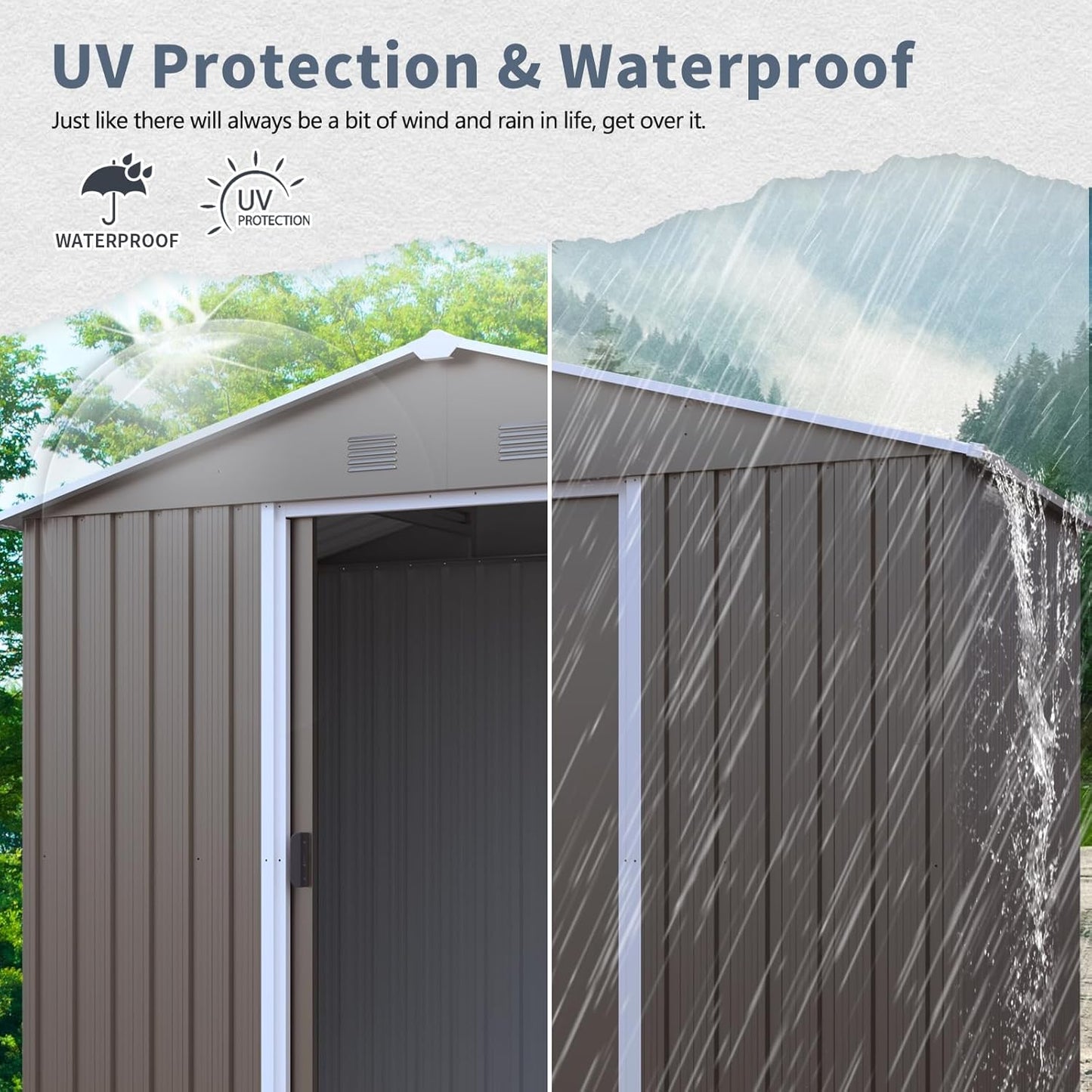 4x8 FT Outdoor Storage Shed, Metal Garden Shed with Frame Floor, Outside Tool Shed with Lockable Sliding Doors, Waterproof Storage Building with Sloped Roof for Backyard, Patio, Lawn, Warm Gray