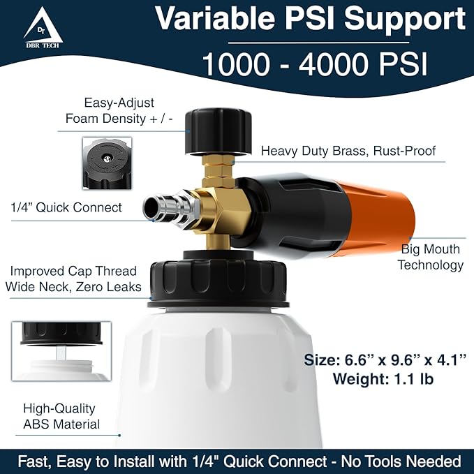 Foam Cannon for Pressure Washer, 1.1mm Orifice, 1000-4000 PSI, 1/4 Inch Quick Connector, Wide Neck and Adjustable Spray, Heavy Duty Car Snow Foam Blaster for Superior Foaming & Deep Clean, Orange