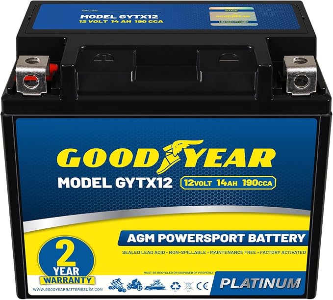 Goodyear GYTX12-12 Volt 14 AH, 190 CCA, Rechargeable High-Performance, Maintenance Free, SLA - AGM Battery for Motorcycle, ATV, UTV, 4-Wheeler, Snowmobile, Watercraft and more!