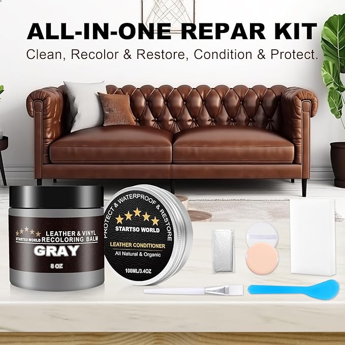 STARTSO WORLD 200Ml Leather Recoloring Balm with 100ML Leather Conditioner, Gray Leather Repair Kit for Furniture, Leather Dye, Leather Scratch Repair, Leather Couch Paint