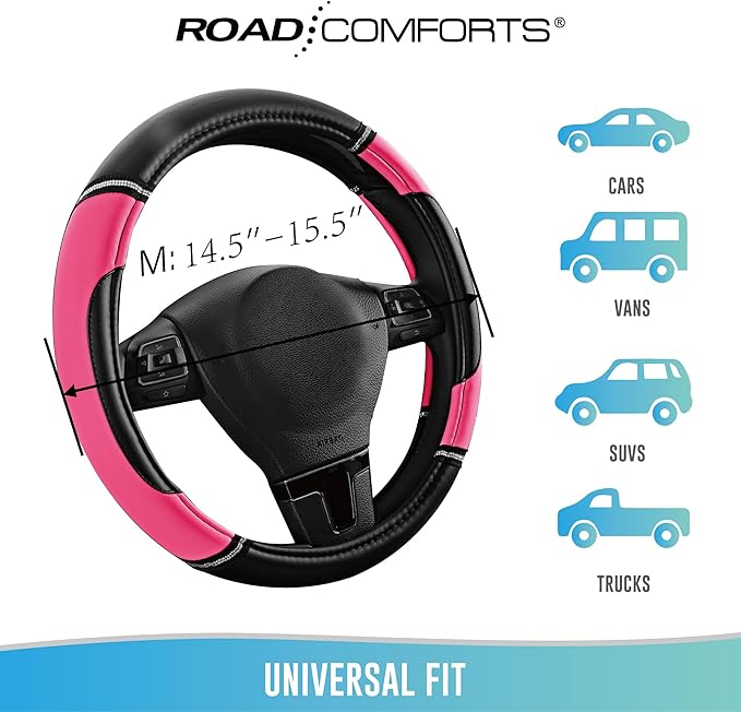 Road Comforts Leather Steering Wheel Cover - Made with PVC Leather - Anti-Slip, Universal Fit 14 1/2 inches to 15 inches - Hot Pink