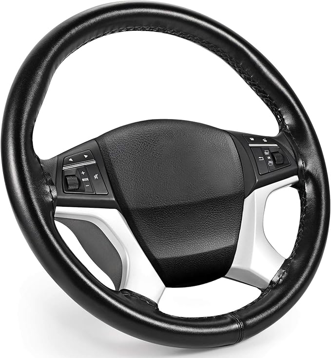 SEG Direct Genuine Leather Steering Wheel Cover, Stitch On Wrap, 15 Inch Steering Wheel Wrap for Car Truck SUV Pickup Boat, DIY Sewing with Needle Thread, Black
