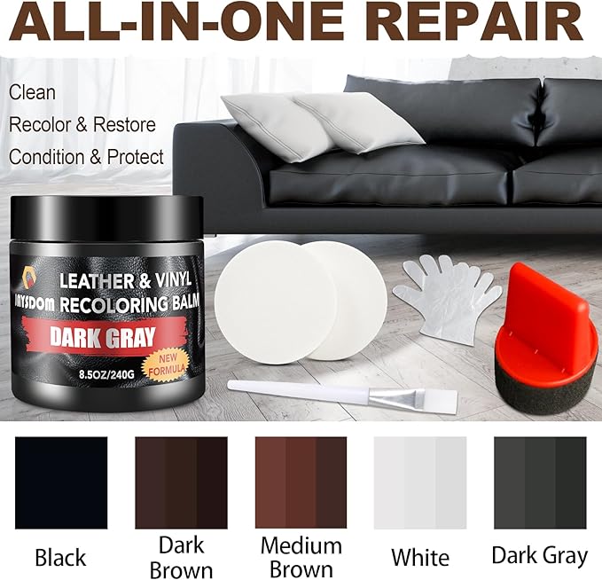 Leather Recoloring Balm, Leather Repair Kit, Leather Dye, Leather Color Restorer, Leather Scratch Remover, Leather Couch Paint, Repair, Leather Scratch Repair, Leather Restorer(Dark Gray)