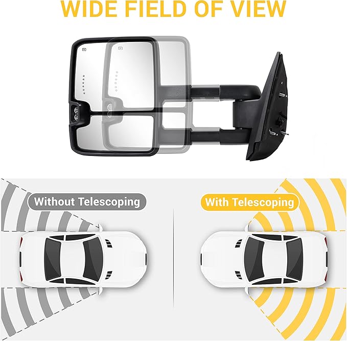 Towing Mirrors Switchback Dynamic Turn Light for 2007-2013 Chevy Silverado Suburban Tahoe GMC Sierra Yukon with Running Lights Power Glass Backup Lamp Heated Set (Black Textured)