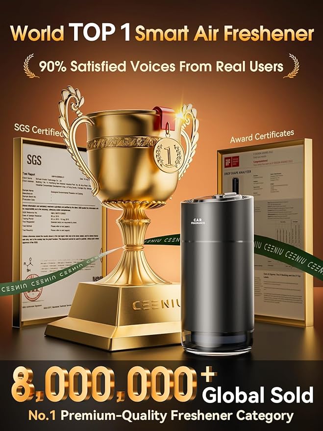 Ceeniu Smart Car Air Fresheners, New smell experience by Ultrasonic mist, Auto On/Off, Powerful Built-in Battery, Long lasting natural fragrance, Adjustable car freshener, Bamboo scent