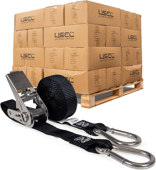 US Cargo Control Stainless Steel Ratchet Straps with Carabiner Hooks 1" X 10' (800-Pack), 500 LBS Break Strength, Marine Tie Down Straps for Boats, ATVs, Trees, Camping, Snow, Saltwater Applications