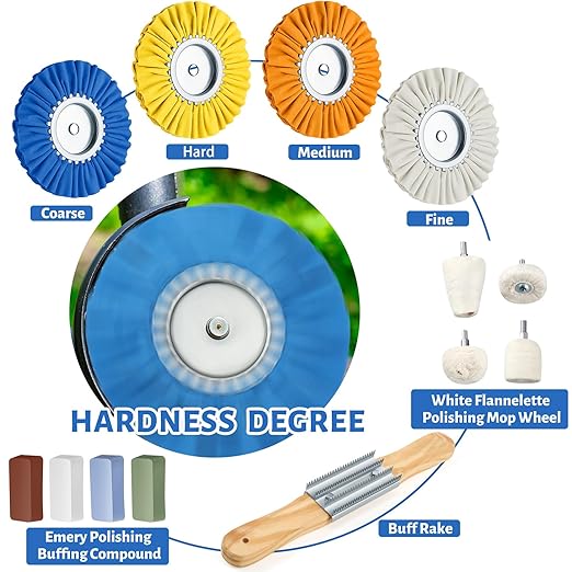 Liliful 14 Pcs 8" Airway Polishing Wheel Kit in Diameter 5/8", Metal Aluminum Buffing Wheel and Polishing Compound and Buffing Drill and Rake Pad for Angle Grinder Mirror Metal Finish(Bright Color)