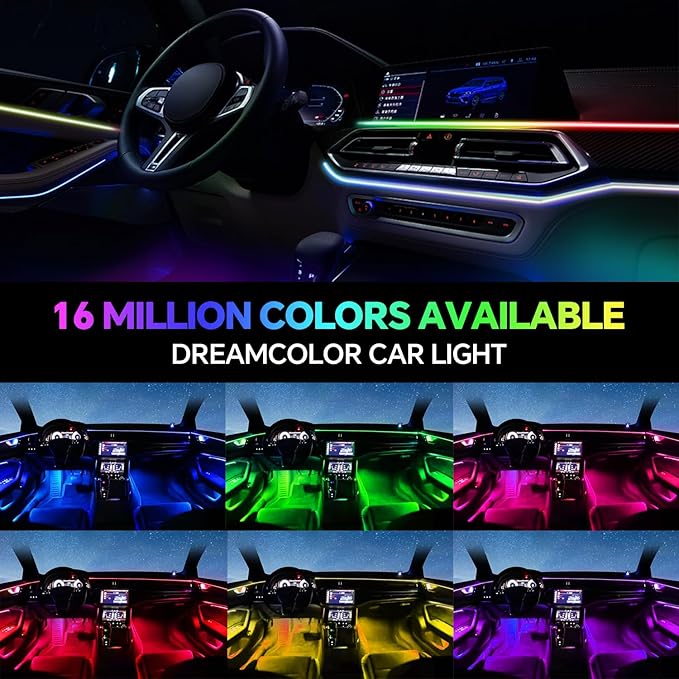 Dream Color Acrylic Interior Car Ambient Light Kit, Bphuny 18 in 1 593 LEDs Fiber Optic Multiple Modes Decoration Atmosphere Lights with Music Dynamic Rainbow Rhythm, RGB Neon Lights for All Cars