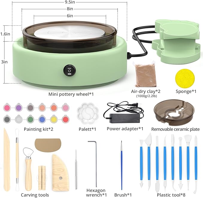Skirfy Mini Pottery Wheel for Beginners Adults 9.5"Ceramic Machine for Kids Art Craft Glow in Dark Kits 2.2LB Air-Dry Clay,Carving Tools Adjustable Speed,Home Decor DIY Projects Birthday Gift