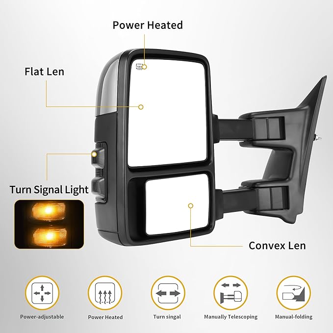 DWVO Towing Mirrors Compatible with 99-07 Ford F250 F350 F450 F550 Super Duty, LED Turn Signal Power Heated Telescoping Trailer Tow Mirror A Pair, Chrome