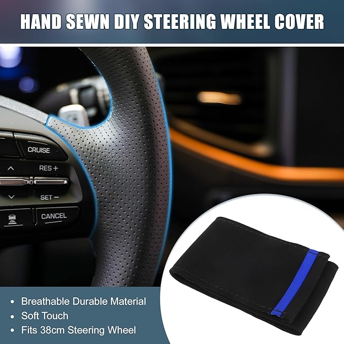 Car Hand Sewn DIY Steering Wheel Cover Breathable Comfortable 38cm Stitch on Wrap Cover Suede Blue Black Stitches Black