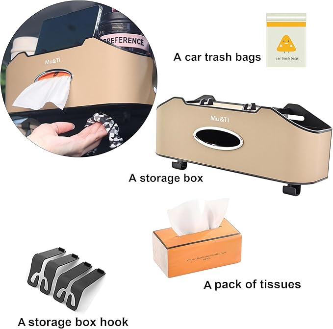 Mu&Ti Back Seat Car Organizer, Multifunctional Car Seat Back Storage Box with 2 Cup Holders, Tissue Box and Hook - Ideal for Kids and Travel(Beige)