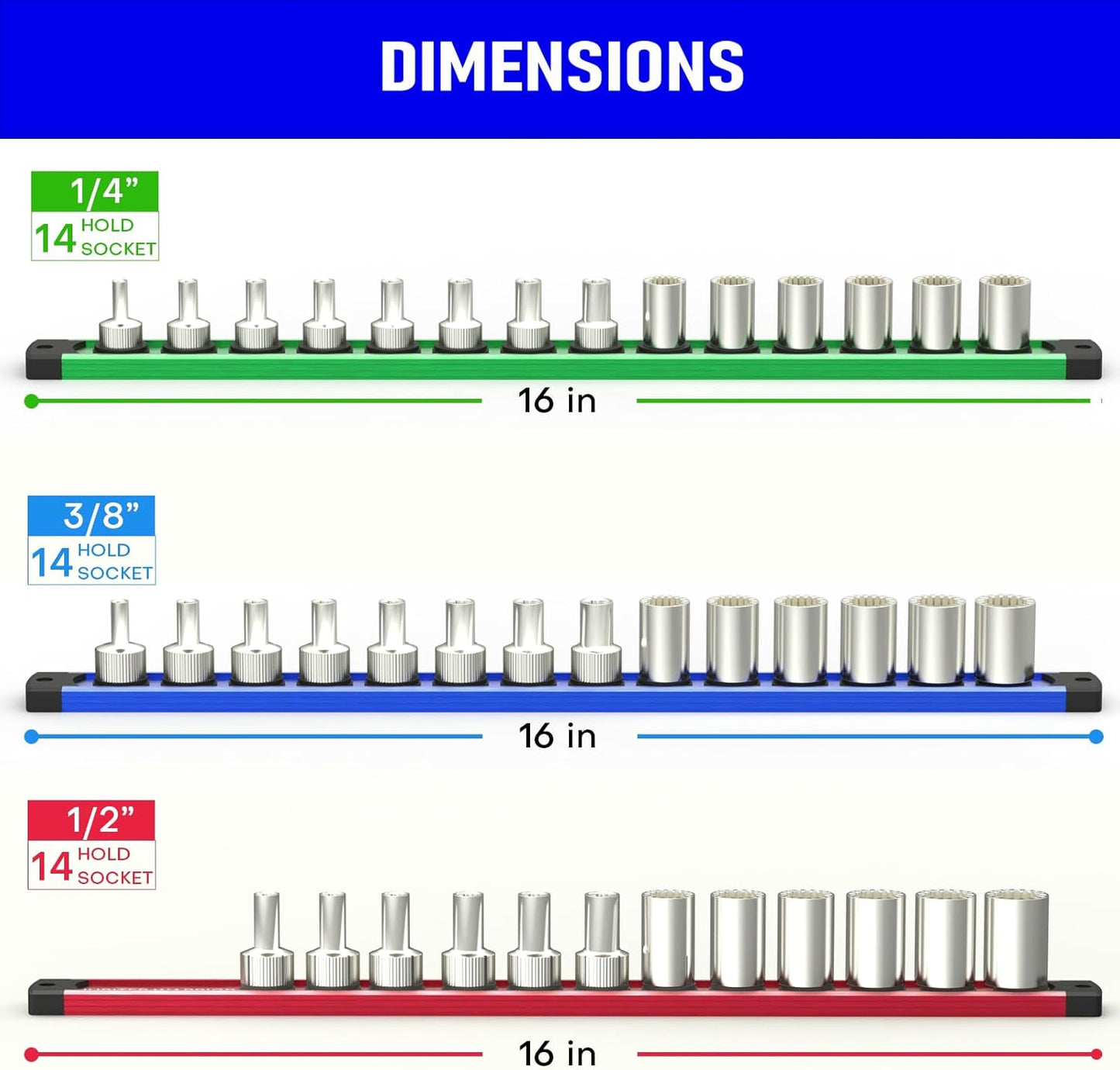 Magnetic Socket Holder Organizer Set, 6-Piece Heavy Duty Aluminum Alloy Socket Holder, 360° Swivel 1/2, 3/8, 1/4-Inch Socket Trays Socket Organizer Holds 80-Piece Standard Size Sockets