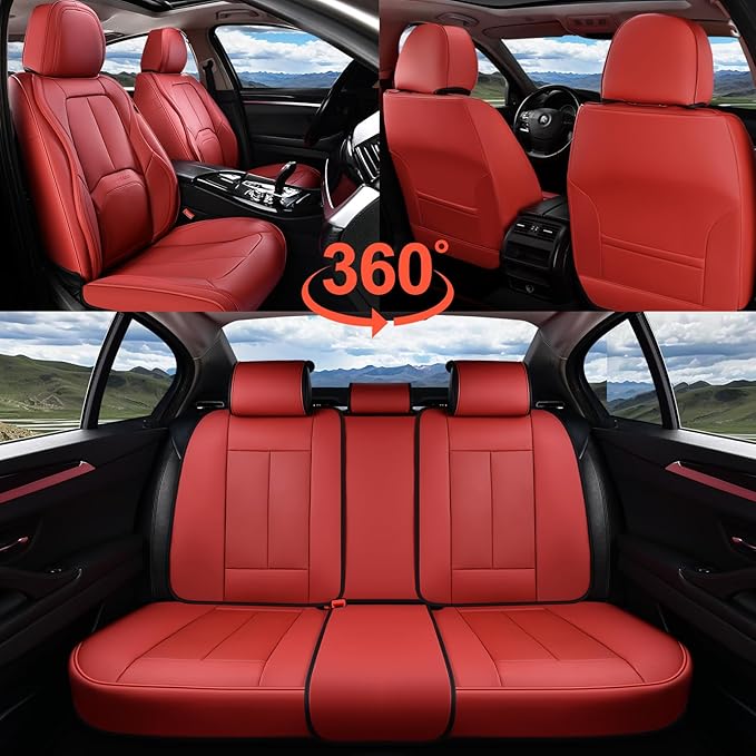 Coverado Car Seat Covers Full Set, Premium Nappa Leather Seat Covers for Car, Waterproof Car Seat Protector with Lumbar Support, Automotive Seat Covers Universal Fit for Most Cars SUV Truck, (Red)