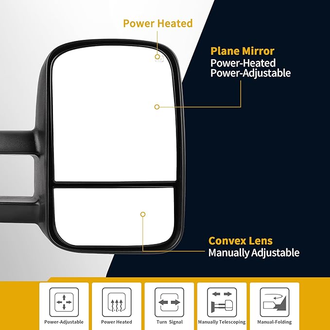 DWVO Power Heated Telescoping Towing Mirrors for 1999–2002 Chevy Silverado, GMC Sierra 1500/2500/3500, Suburban, and Yukon XL, Dual Glass, Extendable, Folding Mirror Pair Set, Black