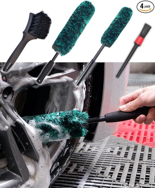 Professional 4 Pack Long Handle Wheel Brush Kit for Cleaning Wheel and Tire- 2X Soft Wheel Cleaning Brush, Detailing Brush and Stiff Tire Brush, Bendable& Durable Wheel Rim Cleaner Brush Set