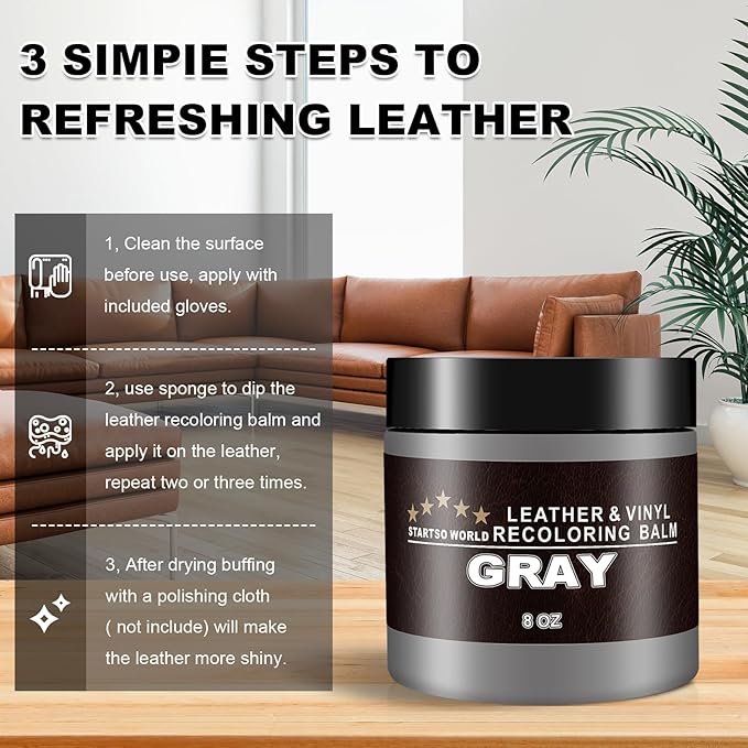 STARTSO WORLD Gray Leather Recoloring Balm, Leather Repair Kit for Furniture,Couches & Car Seats, Leather Paint, Leather Color Restorer, Leather Scratch Remover
