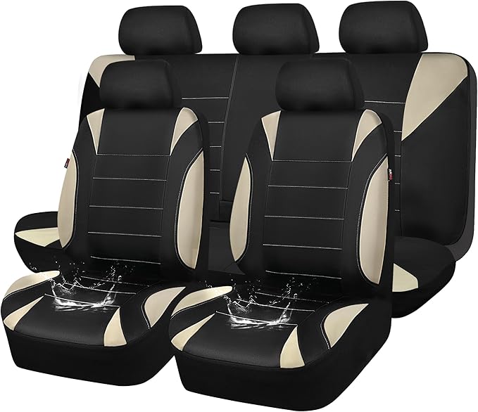 CAR PASS Waterproof Car Seat Covers Full Sets, Universal Fit Seat Covers for Cars, EVA Neoprene Seat Cover Set Full Sets, Interior Covers for Auto SUV,Vans,sedans, Trucks,(Black and Beige)