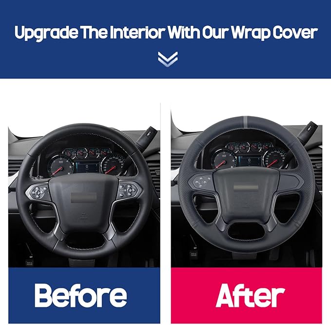 Hand-Sewing Steering Wheel Wrap Cover Black Perforated Leather/Grey Marker Strip Wrap Interior Protection Accessories for Chevrolet Suburban/Chevy Tahoe/GMC Yukon/GMC Sierra 2015 2016 2017 2018