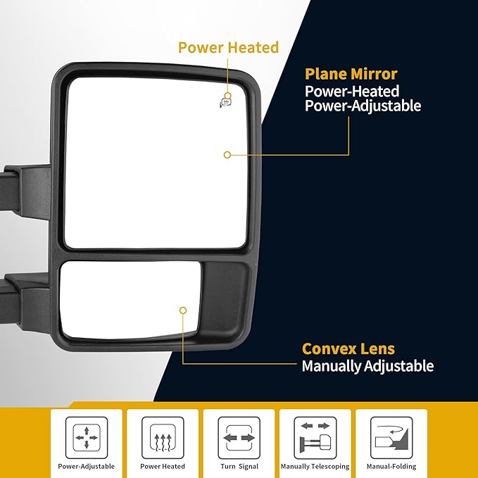 DWVO Extendable Towing Mirrors for Ford F250 F350 F450 F550 Super Duty 1999-2007 & Excursion 2001-2005 - Power Heated with Smoke Signal Lights, Dual Arm Telescoping Design