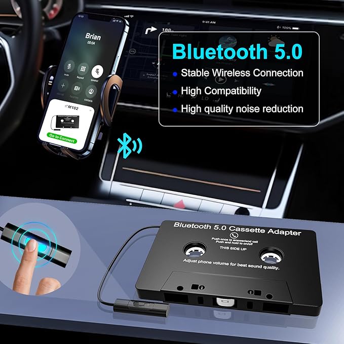 Car Audio Bluetooth 5.0 Cassette Receiver,Cassette Bluetooth Adapter for Car Tape Player, Hands-Free Calling, Stereo Two-Channel, Compatibility with Smartphones, Tablets, MP3, Black