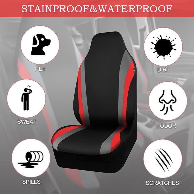 CAR PASS AquaShield Neoprene Waterproof Car Seat Covers Front Seats Only, High Back Bucket Seat Covers,Airbag Compatible,Seat Covers for Women Girl, Universal Fit for Auto Truck Van SUV (Black Red)