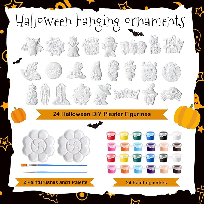 Seenelling 24 Sets Halloween DIY Painting Kits Paint Your Own Ceramics Pumpkin Ghost Unpainted Plaster Statues Arts and Crafts with Brush, Lanyard for Kids Halloween Gifts Party Decor (Classic)