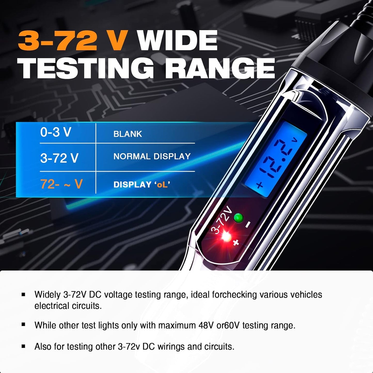 Heavy Duty 3-72V Backlit Digital LCD Circuit Tester, Automotive Test Light with 140 Inch Extended Wire and 2 Polarity Indicate LED Lights, Car Truck Low DC Voltage & Light Tester with Stainless Probe