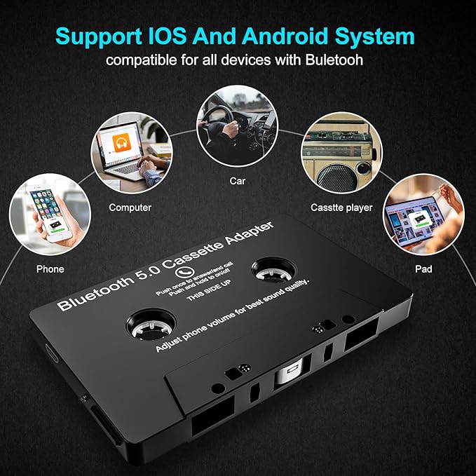Car Audio Bluetooth 5.0 Cassette Receiver,Cassette Bluetooth Adapter for Car Tape Player, Hands-Free Calling, Stereo Two-Channel, Compatibility with Smartphones, Tablets, MP3, Black